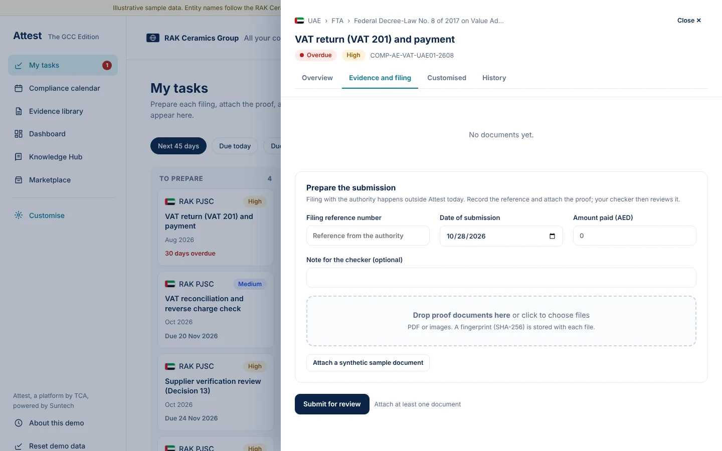 Each task states its legal basis, deadline, owners and the proof required