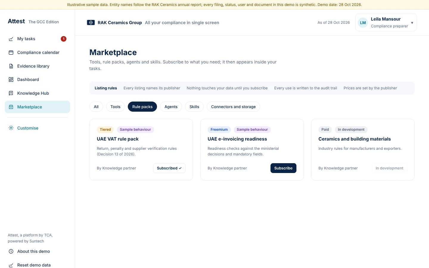 Rule packs bring the law into the checks, for example the UAE VAT pack